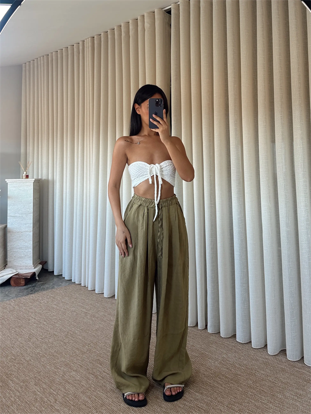 Modal Bağcıklı Palazzo Pantolon - Yağ Yeşili