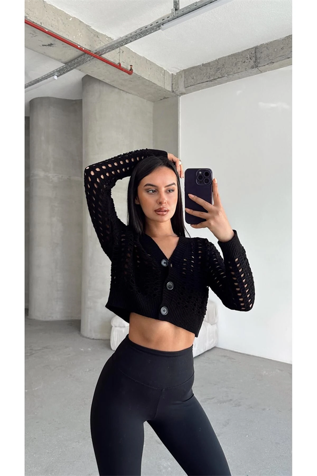 Delik Detaylı Crop Hırka Siyah - Siyah