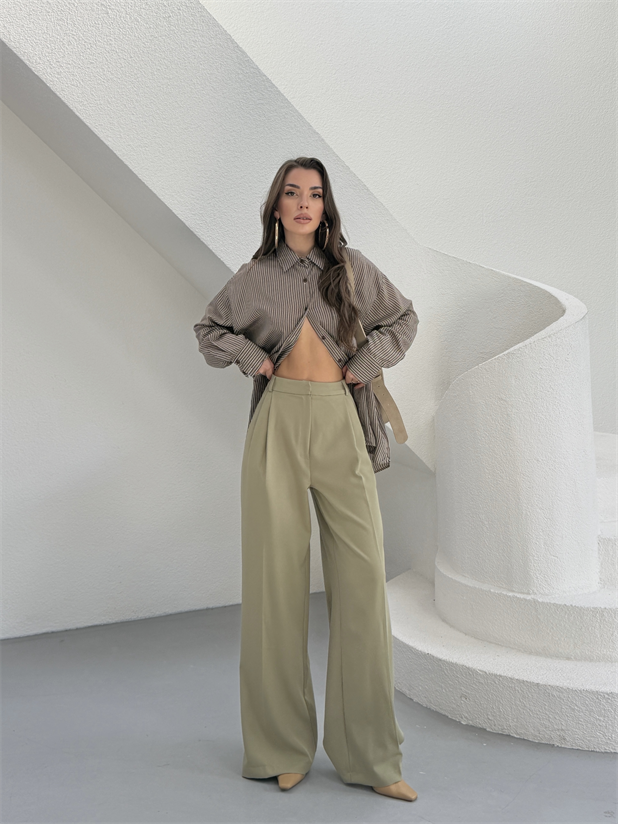 Çift Pileli Palazzo Pantolon - Çağla Yeşili