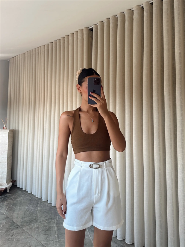 Keten Tek Pile Kemerli Şort - Beyaz