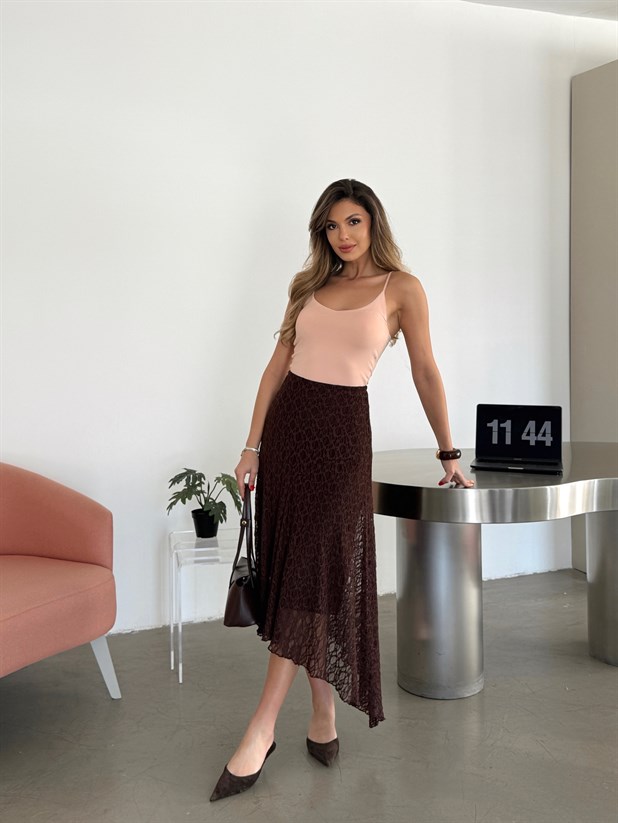 Asimetrik Dantel Etek - Kahve