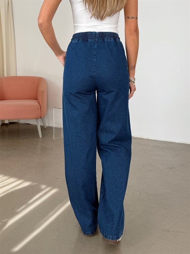 Beli Lastikli Kordonlu Denim Palazzo - Lacivert