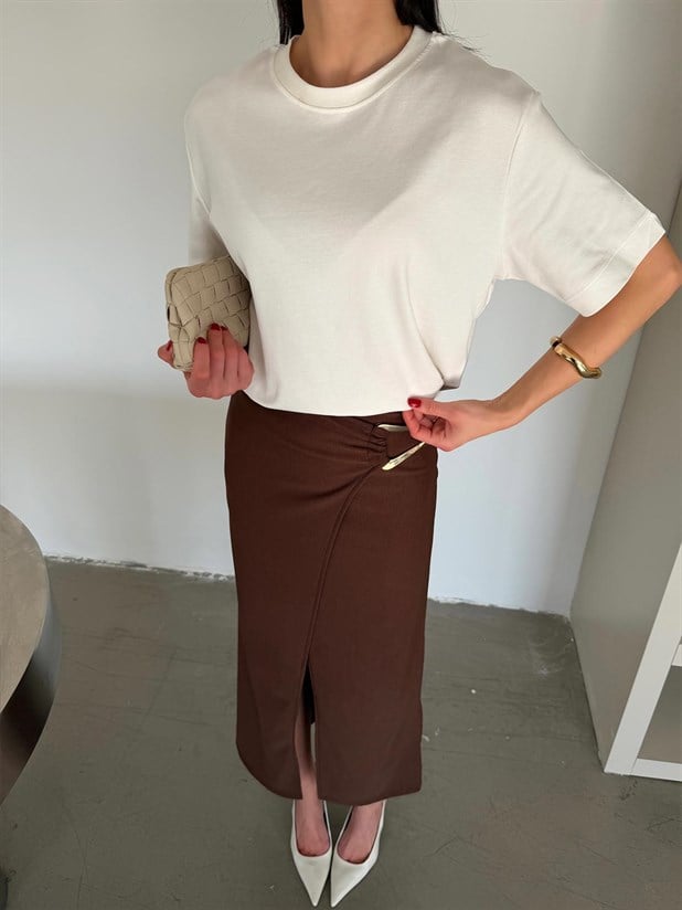 Yanı Toka Detaylı Midi Etek - Kahve