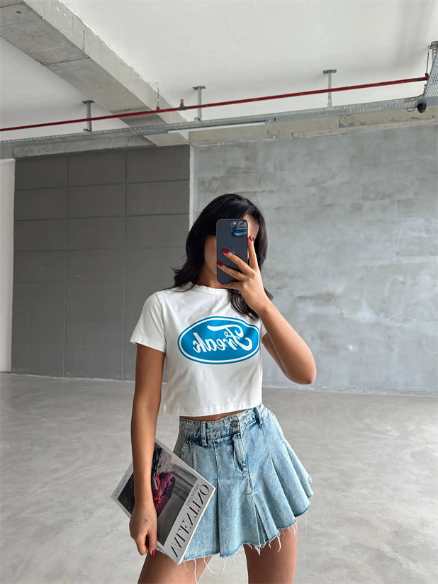 Freak Baskılı Crop Basic - Beyaz