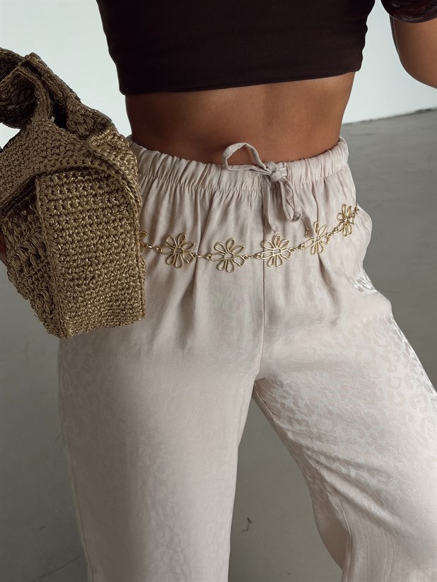 Desenli Parlak Keten Pantolon - Taş