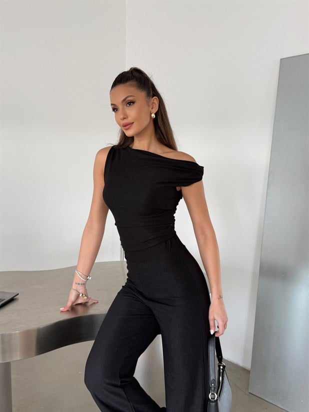 Dökümlü Bluz Pantolon Takım - Siyah