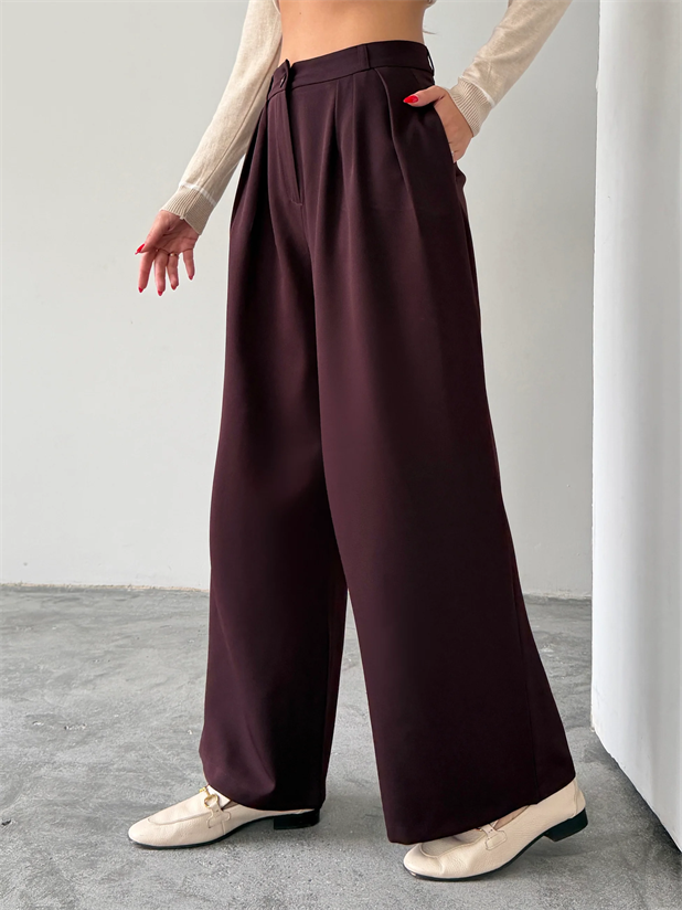 Üç Pile Palazzo Pantolon - Mürdüm