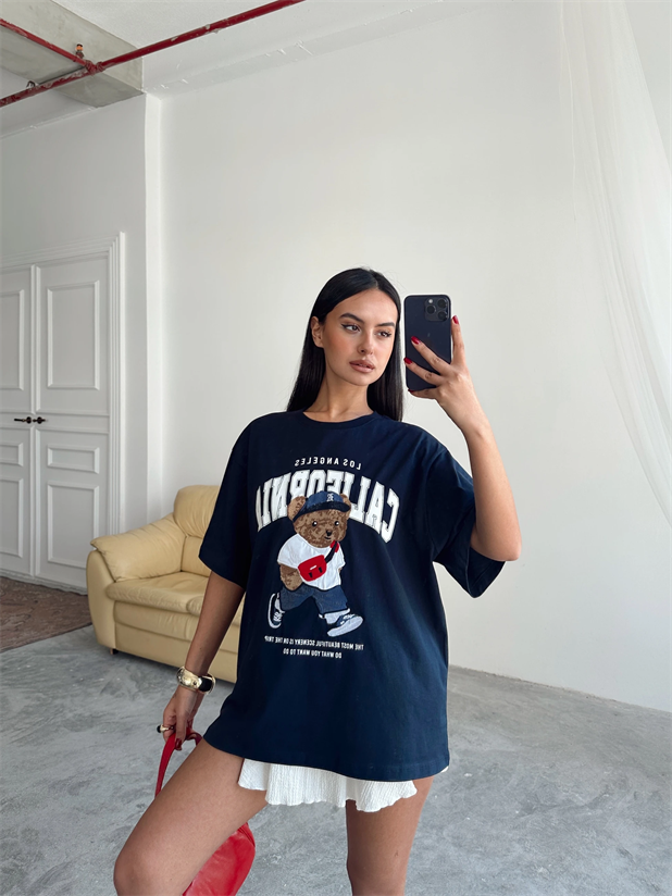 Oversize Bear Nakışlı T-shirt - Lacivert