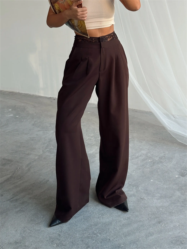 Kemeri Dantel Detaylı Palazzo Pantolon  - Kahve