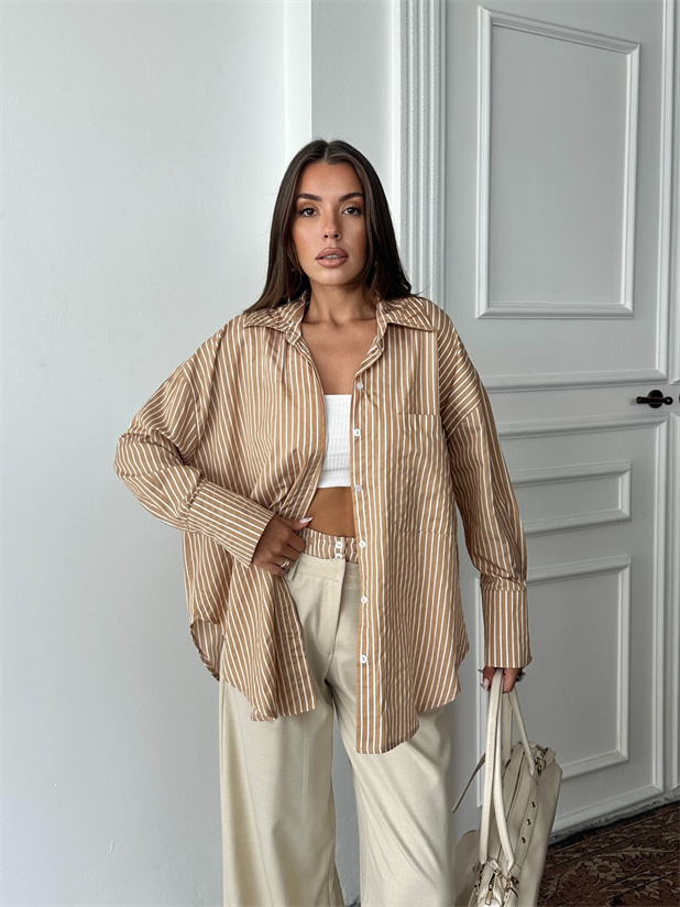 Bel Çizgi Detay Gömlekli Takım - Vizon