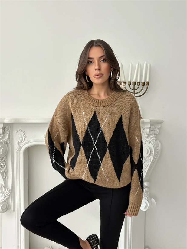 Oversize Baklava Desenli Kazak - Taba