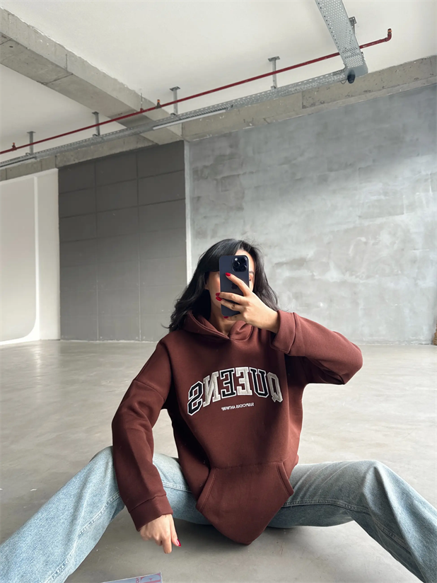 Queens Üç İplik Kapüşonlu Oversize Sweat Kahverengi - Kahverengi