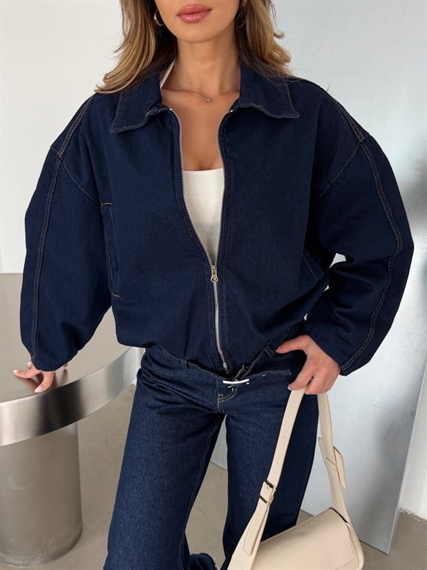 Kemerli Bomber Kot Ceket - Lacivert