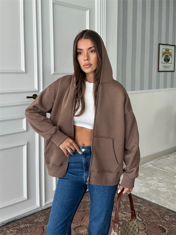 Fermuarlı Cepli Sweat - Kahve