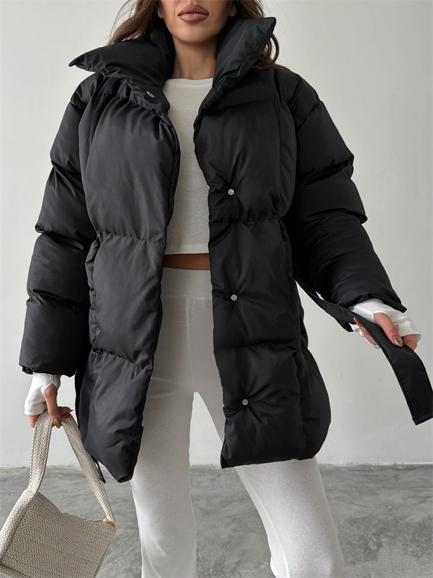 Kuşaklı Şişme Mont  - Siyah