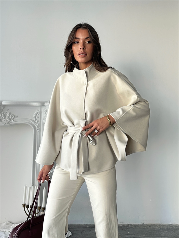 Kaşe Kuşaklı Pelerin Kaban - Taş