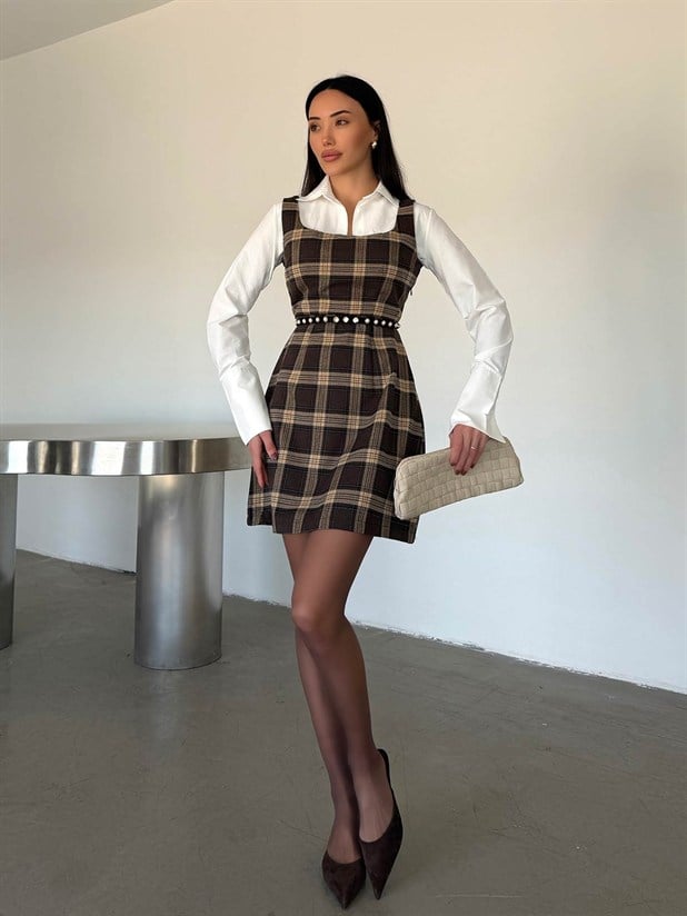 Birleşik Gömlekli Ekose Elbise - Kahve