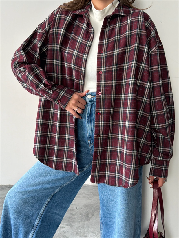 Kareli Oversize Gömlek - Bordo