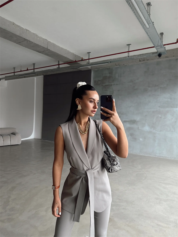 Bağlamalı Blazer Yelek  - Gri