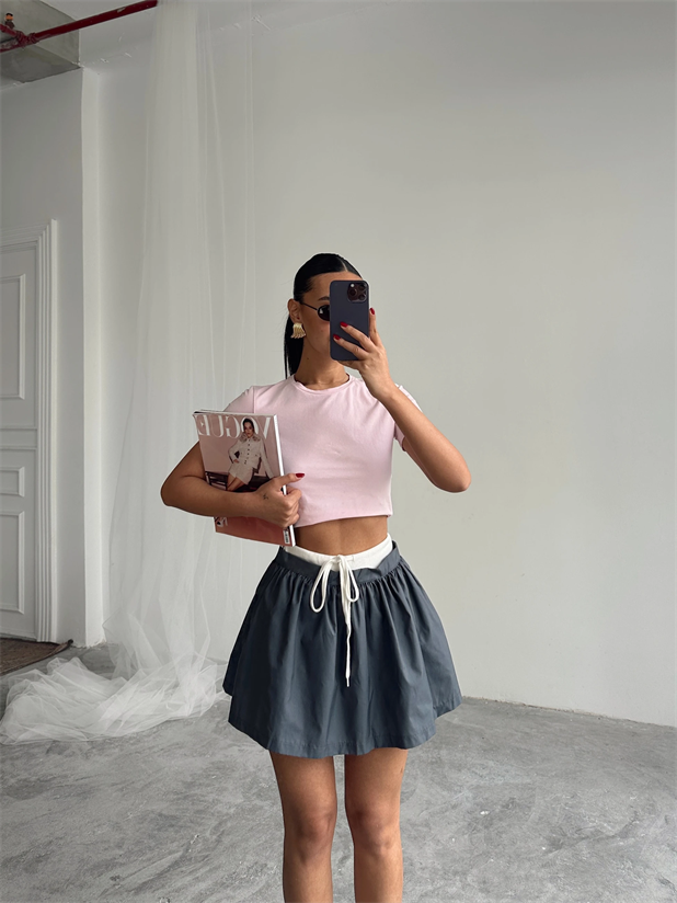 Beli Ribana Detay Mini Etek - Füme