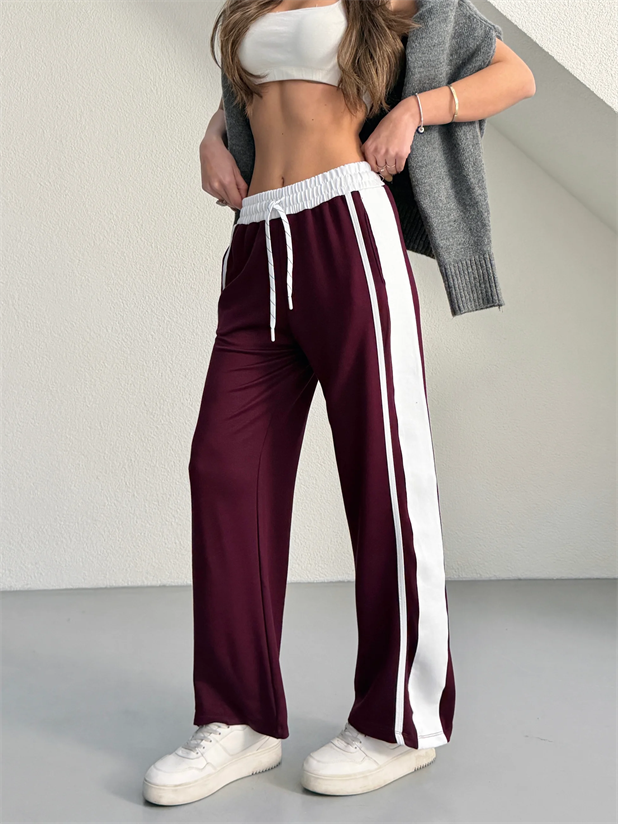 Yan Şerit Bol Paça Eşofman - Bordo