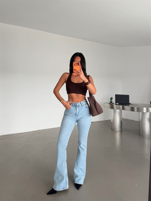 Yüksek Bel İspanyol Paça Jean - Buz Mavi