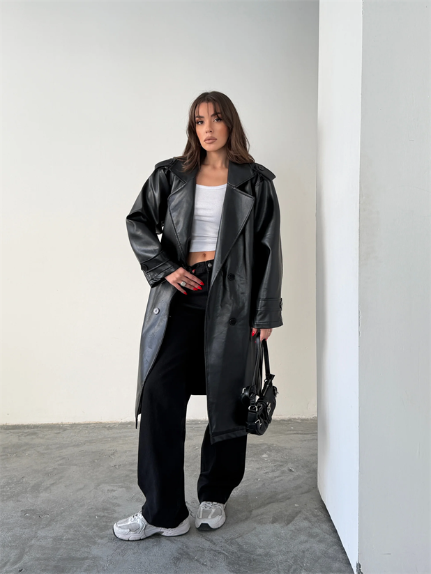 Apolet Detaylı Deri Trençkot - Siyah