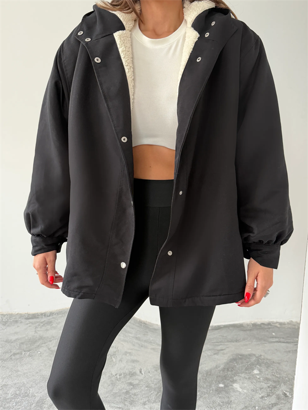 Kapüşonlu İçi Peluş Mont - Siyah