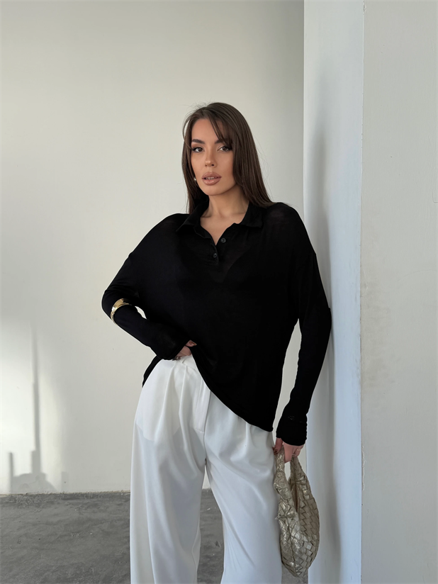 Polo Yaka Salaş Bluz - Siyah