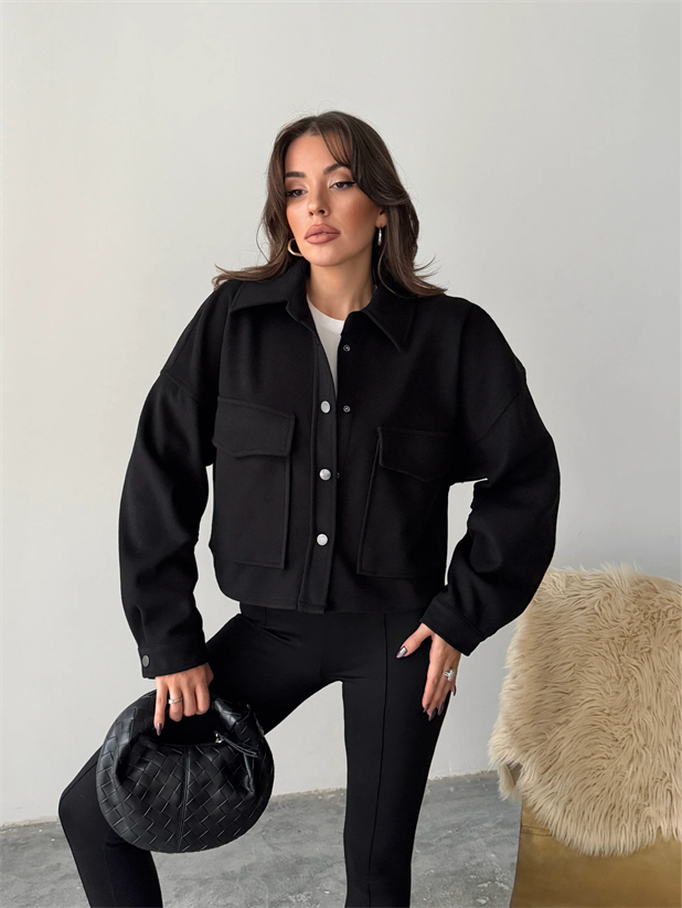 Metal Çıtçıtlı Kaşe Ceket  - Siyah