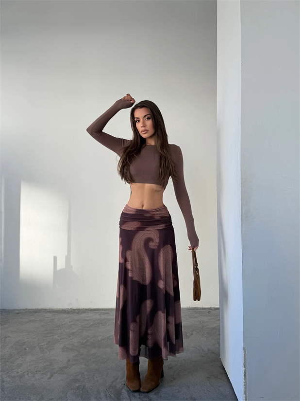 Beli Drapeli Etnik Uzun Etek - Kahve