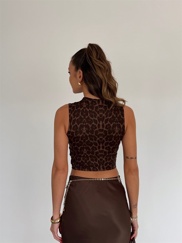 Sıfır Kol Leopar Bluz - Kahve