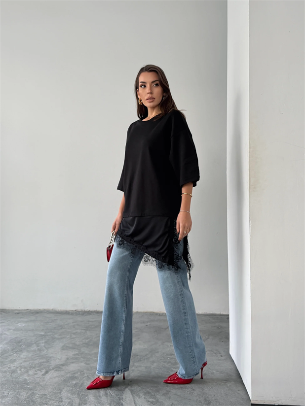 Dantel Detaylı Oversize Basic - Siyah