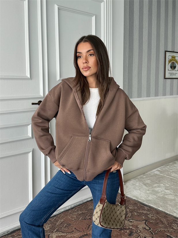 Fermuarlı Cepli Sweat - Kahve