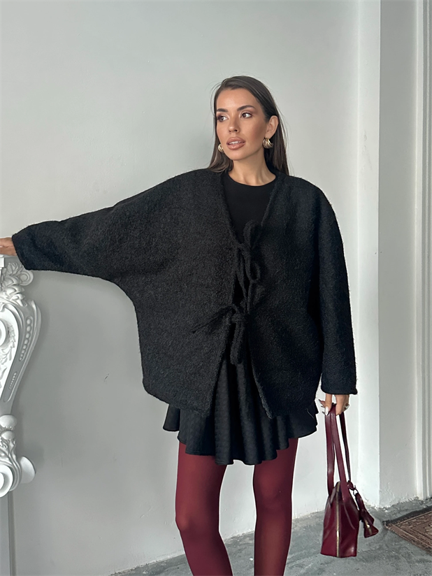 Bağlamalı Kaşe Ceket - Siyah