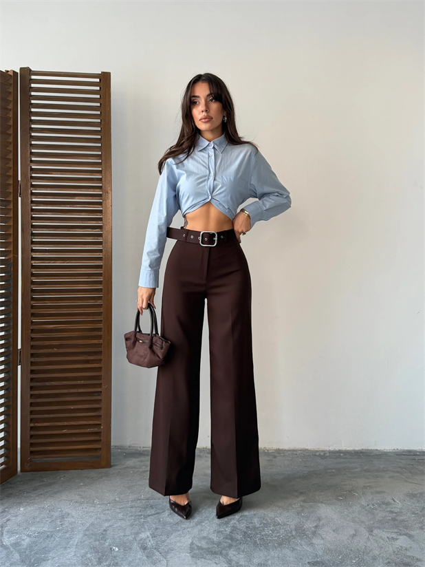 Kemerli Palazzo Pantolon  - Kahve