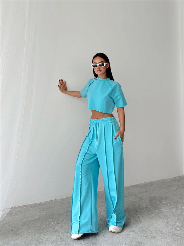 Ters Dikiş Detay Crop Takım - Mavi