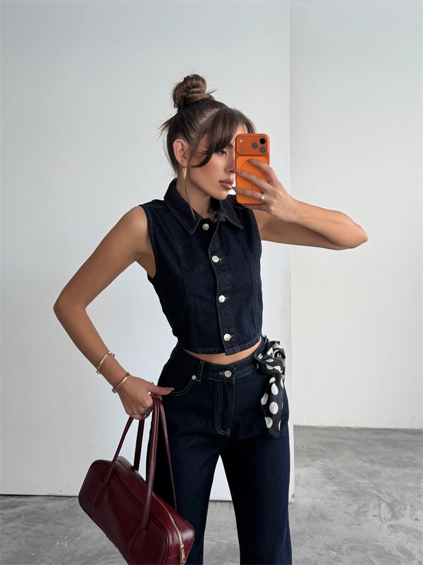 Crop Denim Yelek - Lacivert