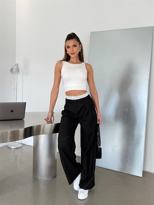 Beli Çizgili Kumaş Pantolon - Siyah