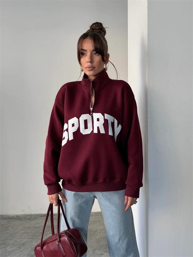 Sporty Yarım Fermuar Sweat - Bordo