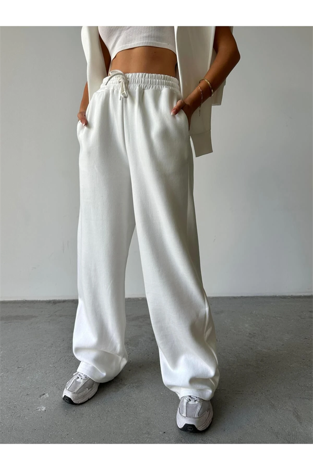 Üç İplik Şardonlu Palazzo Eşofman Beyaz - Beyaz