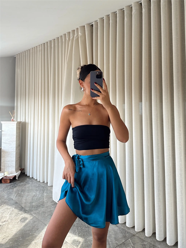 Belden Bağlamalı Saten Etek Petrol Mavisi - Petrol Mavisi