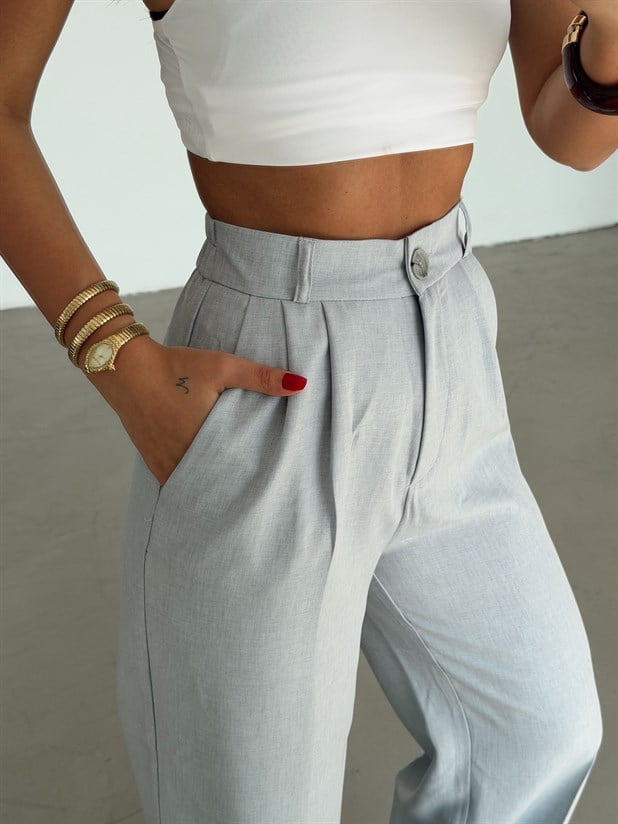 Arka Beli Lastikli Keten Pantolon - Gri