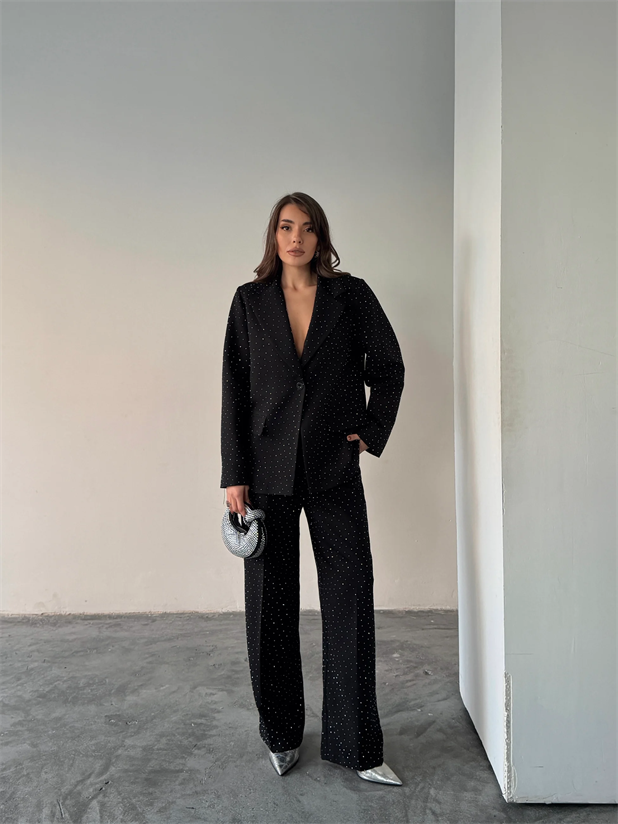 Premium Taş Detaylı Ceket Pantolon Takım  - Siyah