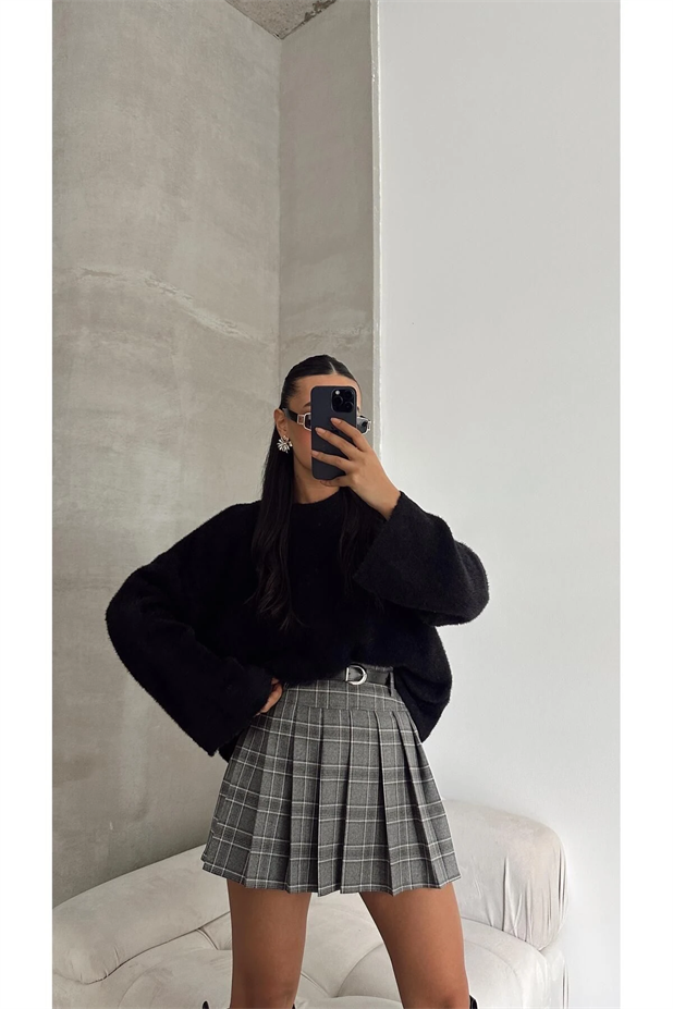 İç Astar Şorlu Pileli Kemerli Etek Gri - Gri