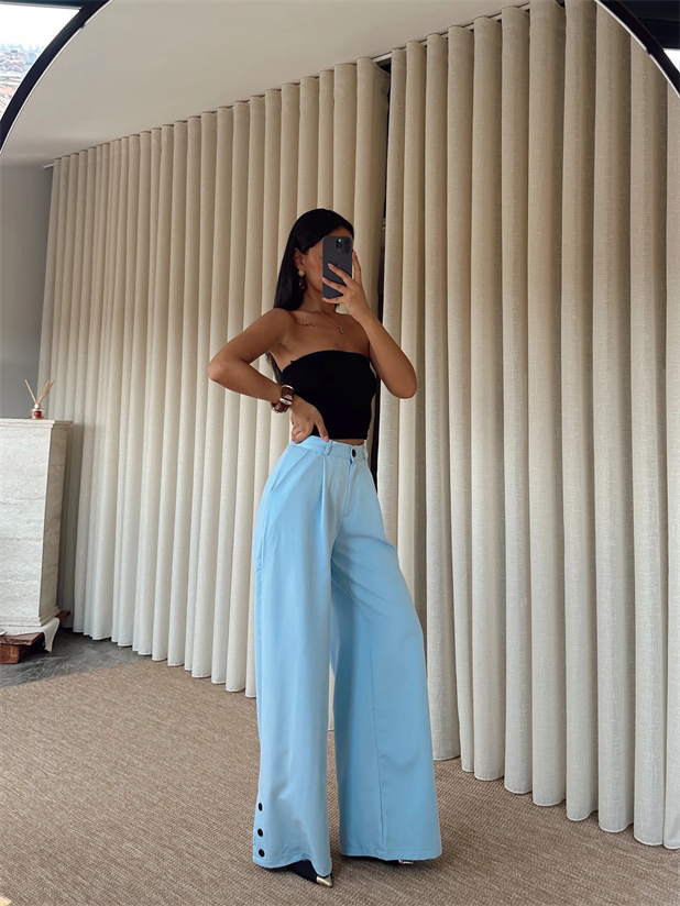 Paçası Düğmeli Palazzo - Mavi