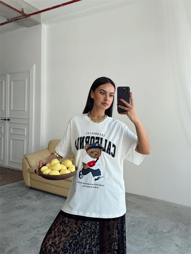 Oversize Bear Nakışlı T-shirt - Ekru