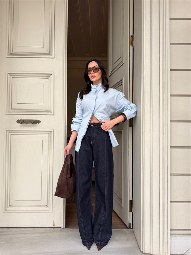 Kemerli Wide Leg Jean - Lacivert