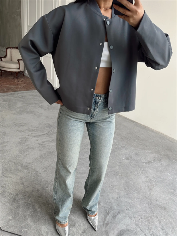 Yaka Ribana Cıt Cıt Detay Ceket Füme - Füme