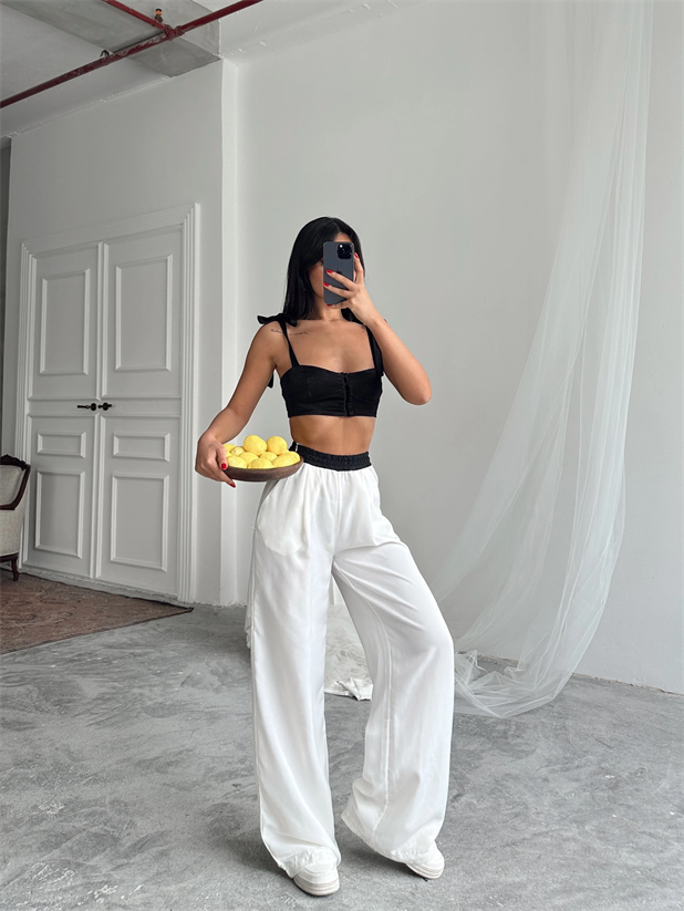 Kemer Detaylı Palazzo Pantolon - Beyaz